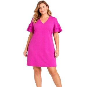 Worthington Womens XL Fuchsia Pink V-Neck Ruffle Tiered Sleeve Dress  72613-3